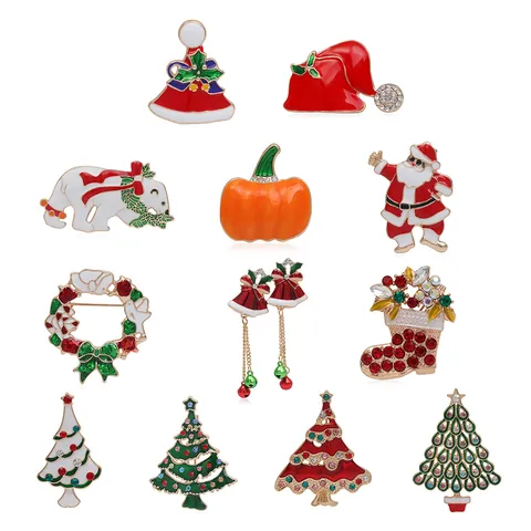 Christmas Brooch Pin Alloy Enamel Rhinestone Santa Claus Christmas Tree Wreath Reindeer Hat Boot Brooch For Women Party Jewelry