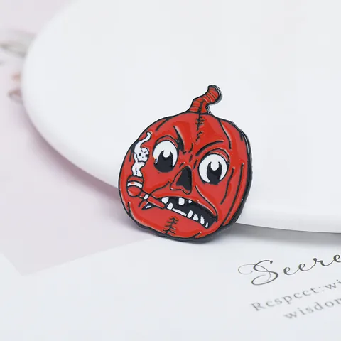 Halloween Red Pumpkin Enamel Brooch Pin Angry Face Design Smoking Pipe Ghost Smoke Cartoon Alloy Clothing Accessories Jewelry Gift