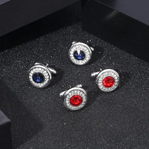 Men's High-End Geometric Round Alloy Rhinestone Cufflinks Business Wedding Office Crystal Inlaid Elegant Silver Cuff Studs