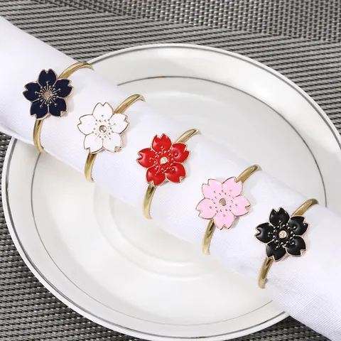 Alloy Enamel Cherry Blossom Napkin Rings Set Sakura Floral Napkin Buckle For Dining Table Decoration Wedding Party Home