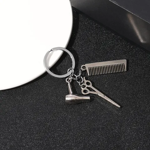 Kappers Sleutelhanger Met Mini Kam Schaar Föhn Bedels Metaal Zilver Professionele Stylist Cadeau Sleutelring