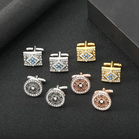Luxury Men's Alloy Zirconia Cufflinks Geometric Square Round Rhinestone Business Shirt French Cufflinks Wedding Banquet Jewelry