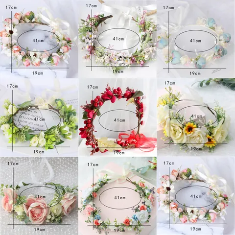 Couronne de Fleurs de Simulation Bohème Fait à la main Guirlande Florale Mariée Bandeau Ruban Satin Réglable Pour Mariage