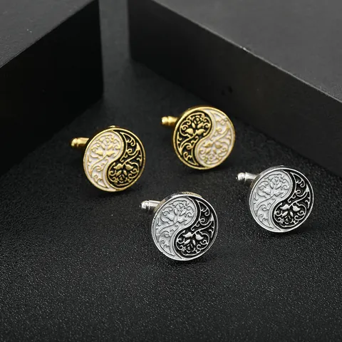 Vintage French Alloy Enamel Tai Chi Yin Yang Men Cufflinks Gold Silver Blue Cloud Pattern Shirt Cuff Links Business Jewelry