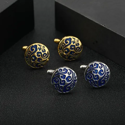 Vintage French Alloy Enamel Tai Chi Yin Yang Men Cufflinks Gold Silver Blue Cloud Pattern Shirt Cuff Links Business Jewelry