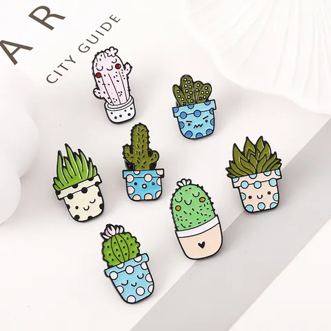 Cute Cartoon Cactus Potted Plant Enamel Brooches Alloy Enamel Drip Oil Succulent Plant Badge Pins For Bag Clothing Decoration Accessories
