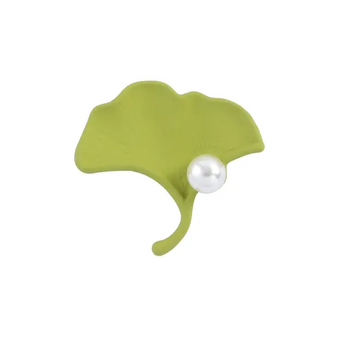 Elegant Alloy Ginkgo Leaf Brooch Pin For Women Matte Gold Green Leaf Jewelry With Faux Artificial Pearl Accessories For Daily Party