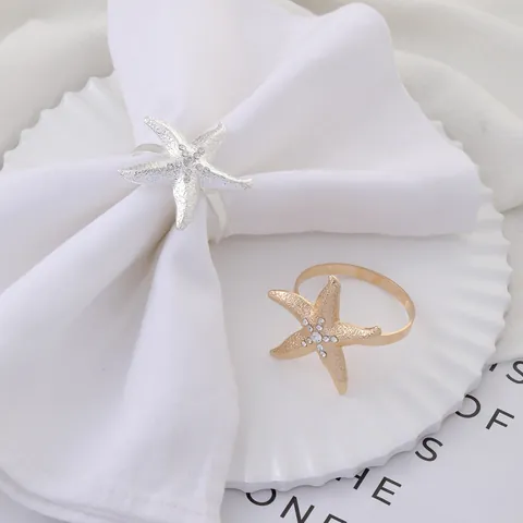 Luxury Alloy Starfish Napkin Rings With Rhinestone Inlaid Gold Silver Metal Serviette Buckle For Wedding Banquet Hotel Table Decor