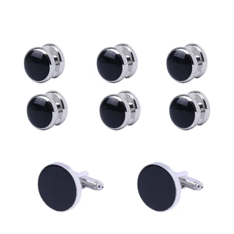 Men's French Style Round Enamel Cufflinks And Shirt Studs Set Silver Plated Alloy Black White Drip Oil Formal Business Wedding Jewelry Accessories