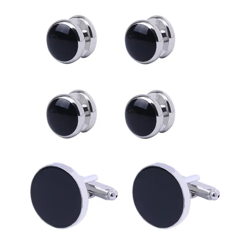 Men's French Style Round Enamel Cufflinks And Shirt Studs Set Silver Plated Alloy Black White Drip Oil Formal Business Wedding Jewelry Accessories