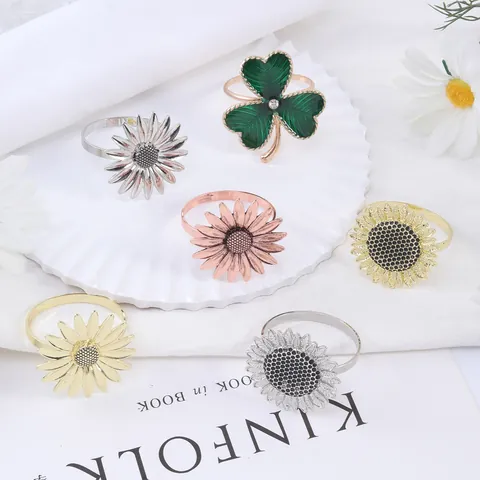 Juego de Servilleteros de Metal con Girasol Margarita Trébol Oro Plata Esmalte Hebillas para Decoración de Mesa de Boda