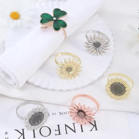 Juego de Servilleteros de Metal con Girasol Margarita Trébol Oro Plata Esmalte Hebillas para Decoración de Mesa de Boda