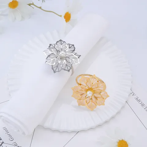 Elegant Alloy Metal Mesh Rose Flower Napkin Rings With Pearl Decoration Gold Silver Plated Wedding Banquet Dining Table Decor
