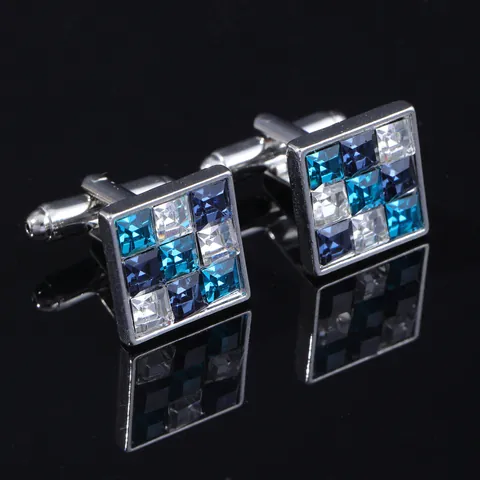 Französische Manschettenknöpfe Für Herren Quadratisches Blaues Zirkonia Schachbrett-Design Versilberte Legierung Business Hochzeit Accessoire
