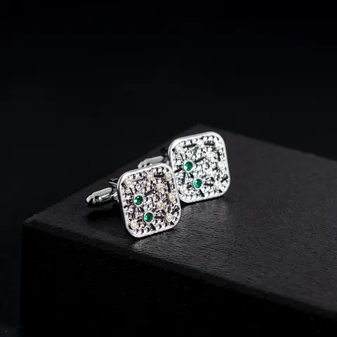 Boutons de Manchette Carrés en Cuivre pour Hommes Luxe Ton Argent Strass Verts Jaunes Incrustés pour Chemise Française