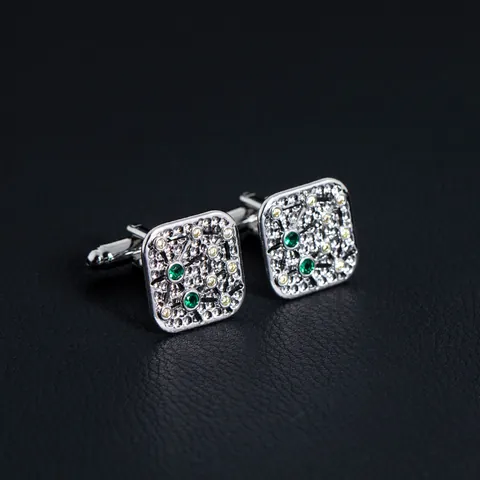 Boutons de Manchette Carrés en Cuivre pour Hommes Luxe Ton Argent Strass Verts Jaunes Incrustés pour Chemise Française