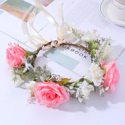 Women Bridal Flower Wreath Headband Artificial Pink White Rose Floral Crown With Satin Ribbon Forest Style For Wedding Photography