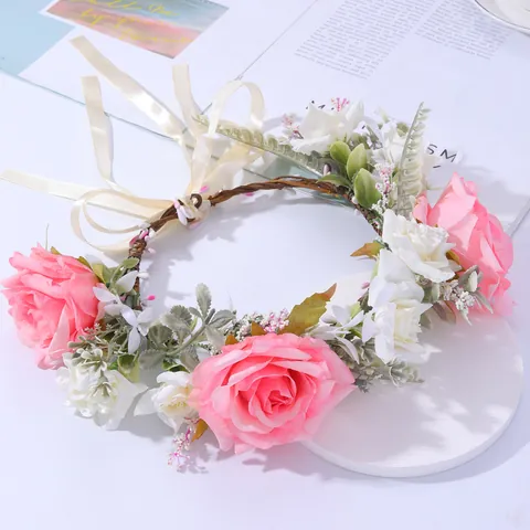 Women Bridal Flower Wreath Headband Artificial Pink White Rose Floral Crown With Satin Ribbon Forest Style For Wedding Photography