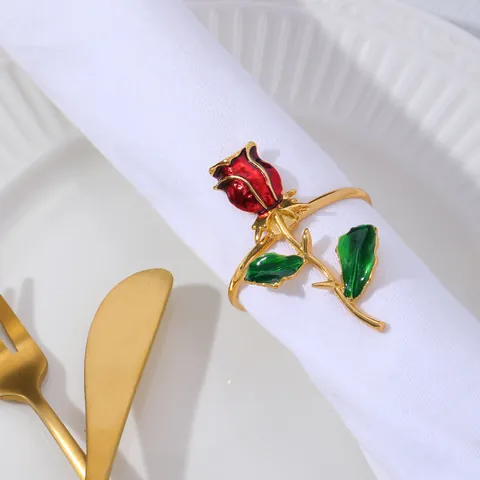 Romantici Portatovaglioli a Forma di Rosa Rossa in Lega Smaltata Oro Fibbie per Tovaglioli per San Valentino Matrimonio Tavola
