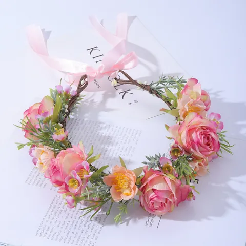 Fascia a Corona di Fiori di Rosa Artificiale per Matrimonio Corona Floreale Boho Con Nastro di Raso Rosa Per Accessori Foto Sposa