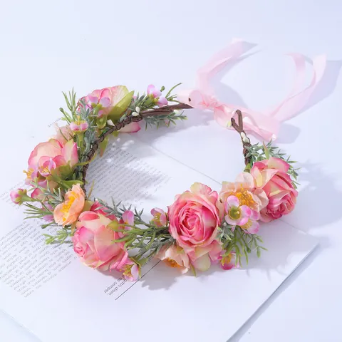 Fascia a Corona di Fiori di Rosa Artificiale per Matrimonio Corona Floreale Boho Con Nastro di Raso Rosa Per Accessori Foto Sposa