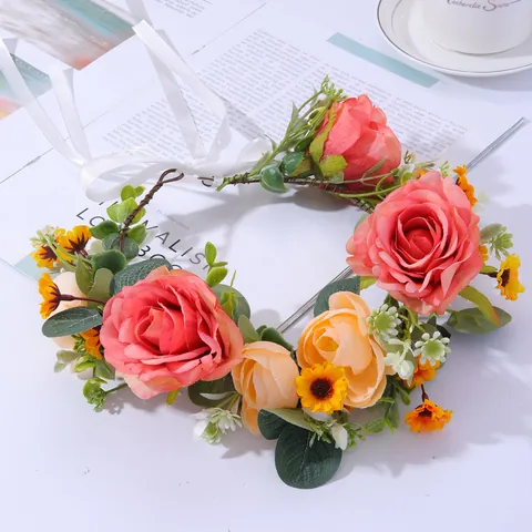 Handgefertigter Künstlicher Rosen Blumenkranz Braut Kopfschmuck Mit Band Blumiger Haarschmuck Für Hochzeitsfotografie Damen