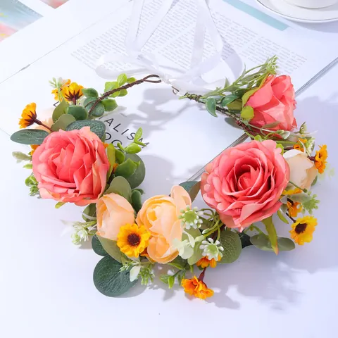 Handgefertigter Künstlicher Rosen Blumenkranz Braut Kopfschmuck Mit Band Blumiger Haarschmuck Für Hochzeitsfotografie Damen