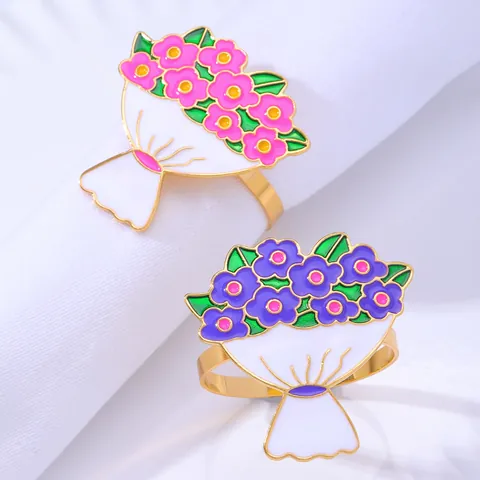 Alloy Enamel Rose Flower Bouquet Napkin Rings Gold Metal Decorative Buckle For Wedding Valentine Banquet Tableware Home