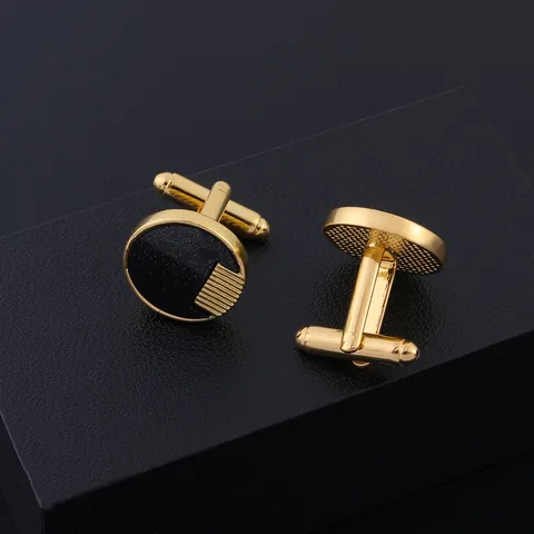 Boutons de Manchette Homme Business Alliage Plaqué Or Émail Noir Rond Rayures Géométriques Accessoires de Chemise pour Costume Formel Mariage Bureau Bijoux