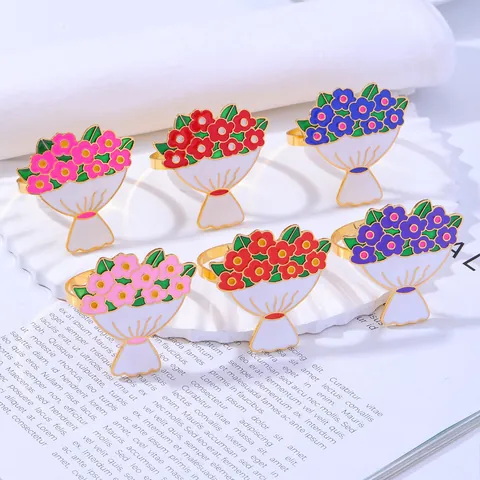 Alloy Enamel Rose Flower Bouquet Napkin Rings Gold Metal Decorative Buckle For Wedding Valentine Banquet Tableware Home