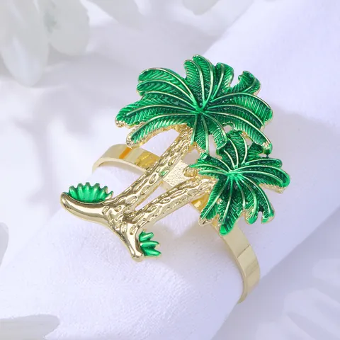 Tropical Gold Metal Coconut Palm Tree Napkin Ring With Green Enamel Decorative Table Accessory For Summer Party Banquet Wedding