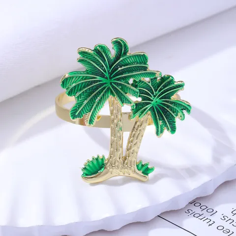 Tropical Gold Metal Coconut Palm Tree Napkin Ring With Green Enamel Decorative Table Accessory For Summer Party Banquet Wedding