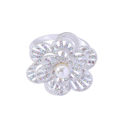 Elegant Flower Napkin Ring Metal Alloy Inlaid Faux Artificial Pearl Rhinestone Dining Table Buckle For Wedding Banquet Party Decor