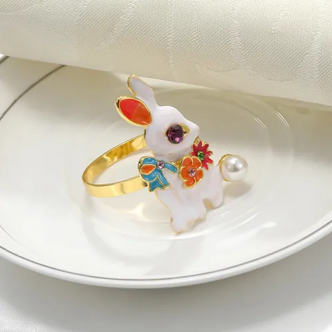 Lussuoso Portatovagliolo in Lega di Smalto Coniglio di Pasqua Oro Bianco Perla Artificial Strass Fiore Fibbia per Tovagliolo per Tavolo da Pranzo Decorazione Matrimonio