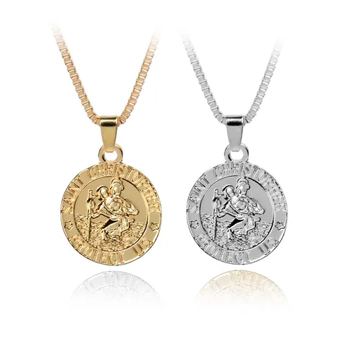 Collana con Ciondolo a Medaglia Tonda Saint Christopher Protect Us in Lega Vintage per Donna Uomo Gioielli Religiosi Catena a Scatola