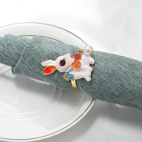 European Alloy Rhinestone Rabbit Napkin Ring Easter Bunny Napkin Holder Jewelry Flower Artificial Pearl Buckle For Wedding Party Table Decoration