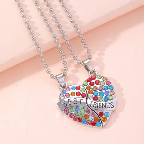 Colorful Rhinestone Best Friends Heart Puzzle Necklace Set For Women Teens Silver Plated Alloy BFF Pendant Jewelry Gift