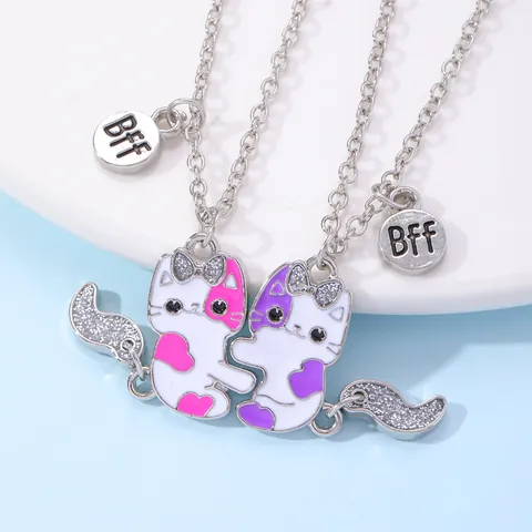 Collane con Ciondolo a Forma di Gatto BFF per Ragazze in Lega di Zinco Smalto Strass Best Friend Forever Gioielli Abbinati