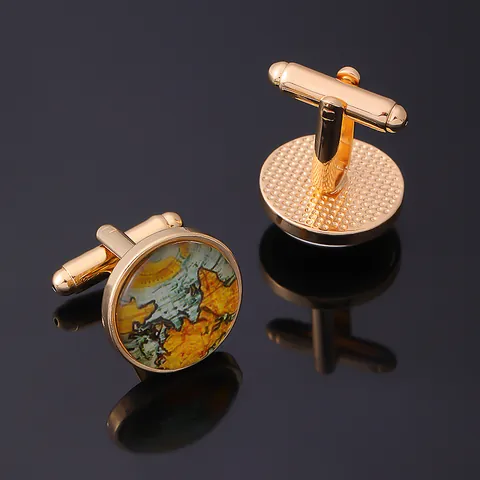 Gemelli da Uomo Vintage in Lega Placcata Oro con Mappa del Mondo Pattern Terra Retro Cupola in Vetro Regalo Business