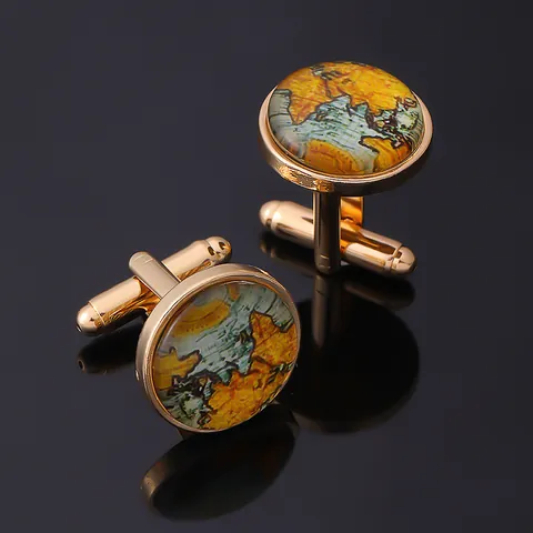 Gemelli da Uomo Vintage in Lega Placcata Oro con Mappa del Mondo Pattern Terra Retro Cupola in Vetro Regalo Business