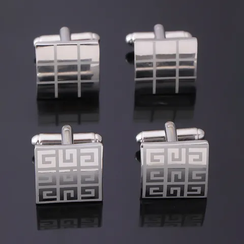 Men's Business Square Alloy Cufflinks Silver Polished Grid Meander Pattern Cuff Links For French Shirt Wedding Party Jewelry