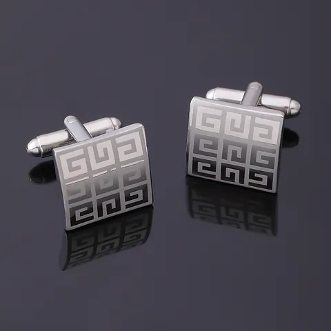 Men's Business Square Alloy Cufflinks Silver Polished Grid Meander Pattern Cuff Links For French Shirt Wedding Party Jewelry