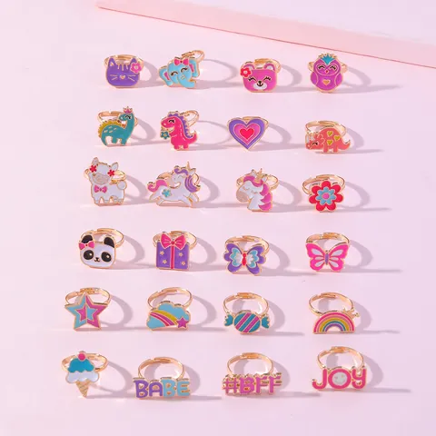 Bague Ajustable Ouverte Enfant Mignonne Alliage Coloré Émail Licorne Papillon Cœur Arc-en-Ciel Dessin Animé Bijoux Cadeau pour Filles