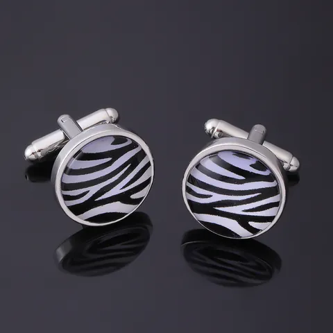 Men French Shirt Alloy Cufflinks Zebra Print Round Silver Base Black White Enamel Cuff Links Formal Business Gift Jewelry