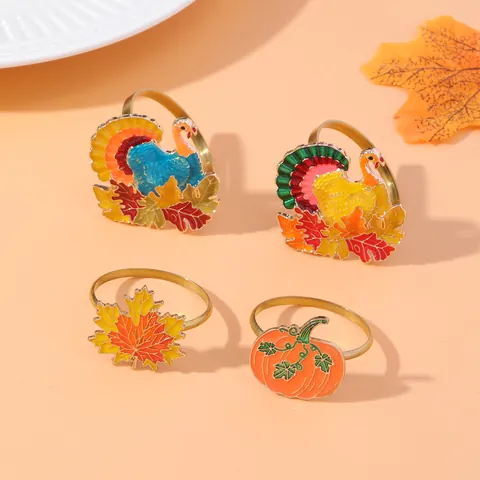 Thanksgiving Turkey Maple Leaf Pumpkin Napkin Rings Alloy Enamel Table Buckles For Autumn Party Harvest Dining Decoration
