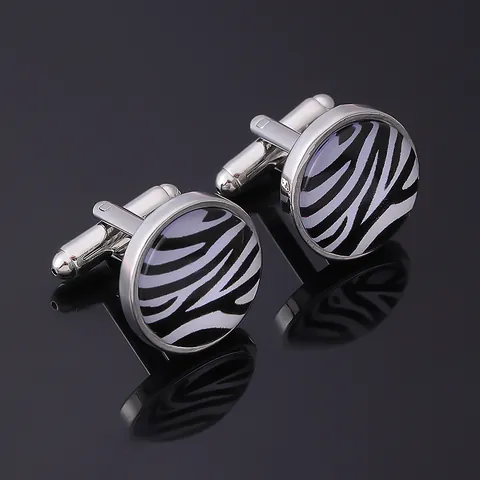 Men French Shirt Alloy Cufflinks Zebra Print Round Silver Base Black White Enamel Cuff Links Formal Business Gift Jewelry