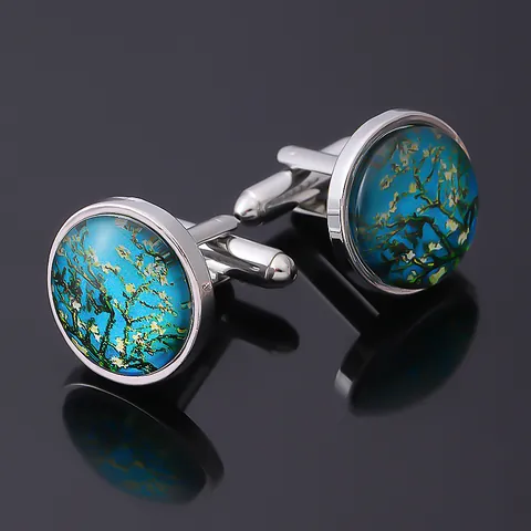 Vintage Van Gogh Amandelbloesem Kunst Glas Manchetknopen Klassiek Bloemenpatroon Heren Formele Zakelijke Accessoire