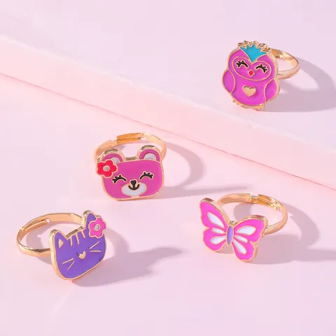Bague Ajustable Ouverte Enfant Mignonne Alliage Coloré Émail Licorne Papillon Cœur Arc-en-Ciel Dessin Animé Bijoux Cadeau pour Filles