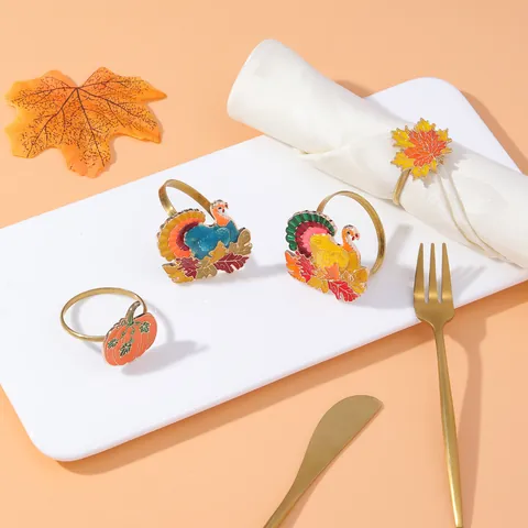 Thanksgiving Turkey Maple Leaf Pumpkin Napkin Rings Alloy Enamel Table Buckles For Autumn Party Harvest Dining Decoration