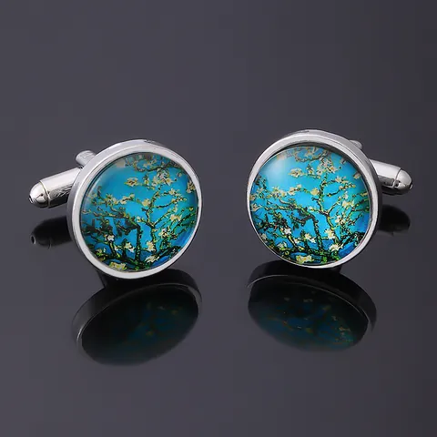 Vintage Van Gogh Amandelbloesem Kunst Glas Manchetknopen Klassiek Bloemenpatroon Heren Formele Zakelijke Accessoire